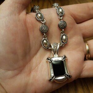 Avon Silvertone Necklace with Black Acrylic Stone Pendant Decorative Chain